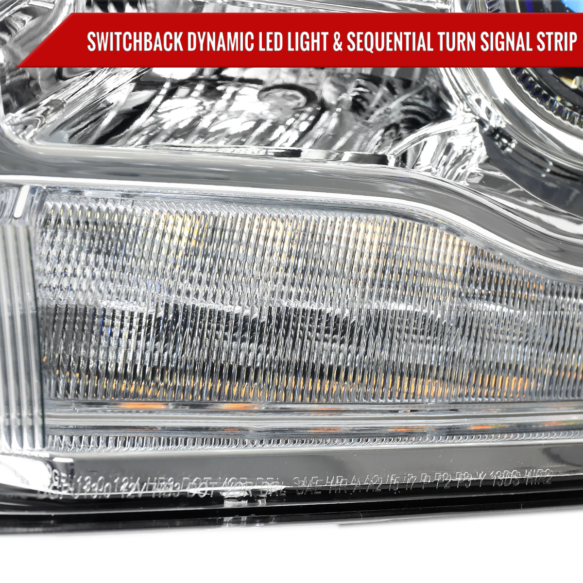 2013-2018 Ram 1500 2500 3500 Switchback Sequential LED Bar Signal Projector Headlights (Chrome Housing / Clear Lens)