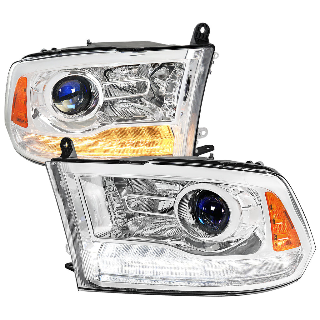 2013-2018 Ram 1500 2500 3500 Switchback Sequential LED Bar Signal Projector Headlights (Chrome Housing / Clear Lens)