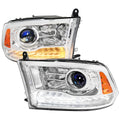 2013-2018 Ram 1500 2500 3500 Switchback Sequential LED Bar Signal Projector Headlights (Chrome Housing / Clear Lens)