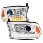 2013-2018 Ram 1500 2500 3500 Switchback Sequential LED Bar Signal Projector Headlights (Chrome Housing / Clear Lens)