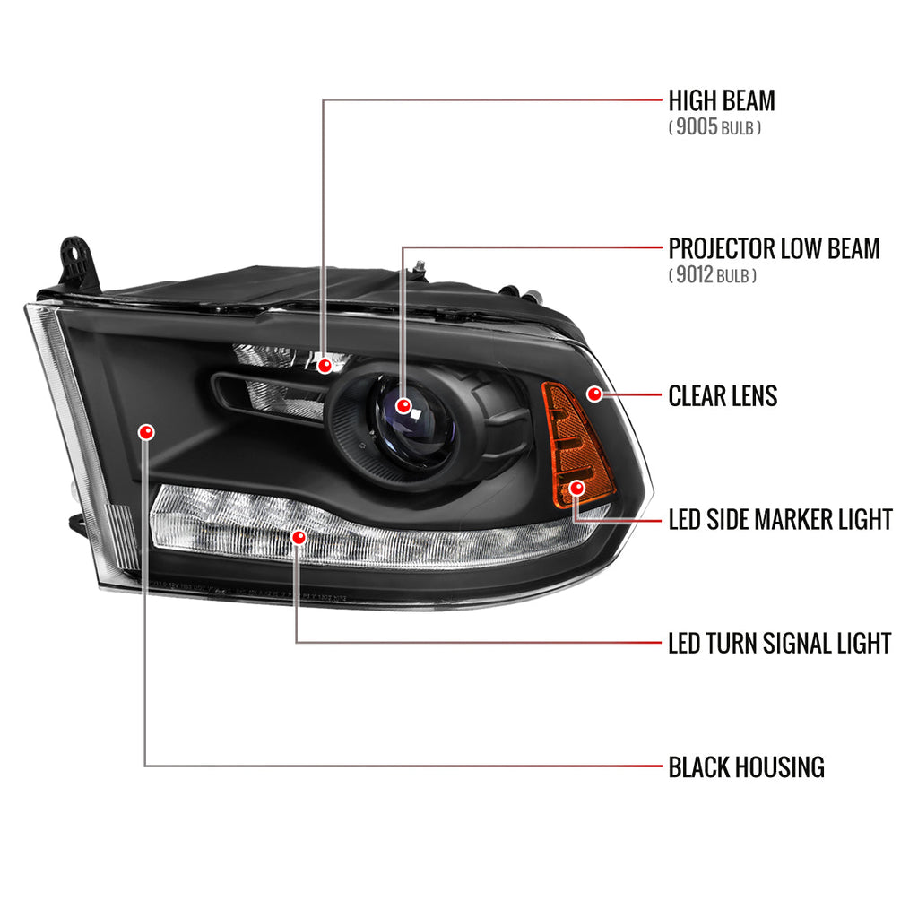 2013-2018 Ram 1500 2500 3500 LED Bar Projector Headlights (Matte Black Housing / Clear Lens)