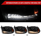 2013-2018 Ram 1500 2500 3500 Switchback Sequential LED Bar Signal Projector Headlights (Matte Black Housing / Clear Lens)