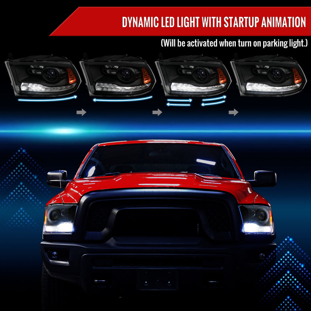 2013-2018 Ram 1500 2500 3500 Switchback Sequential LED Bar Signal Projector Headlights (Matte Black Housing / Clear Lens)