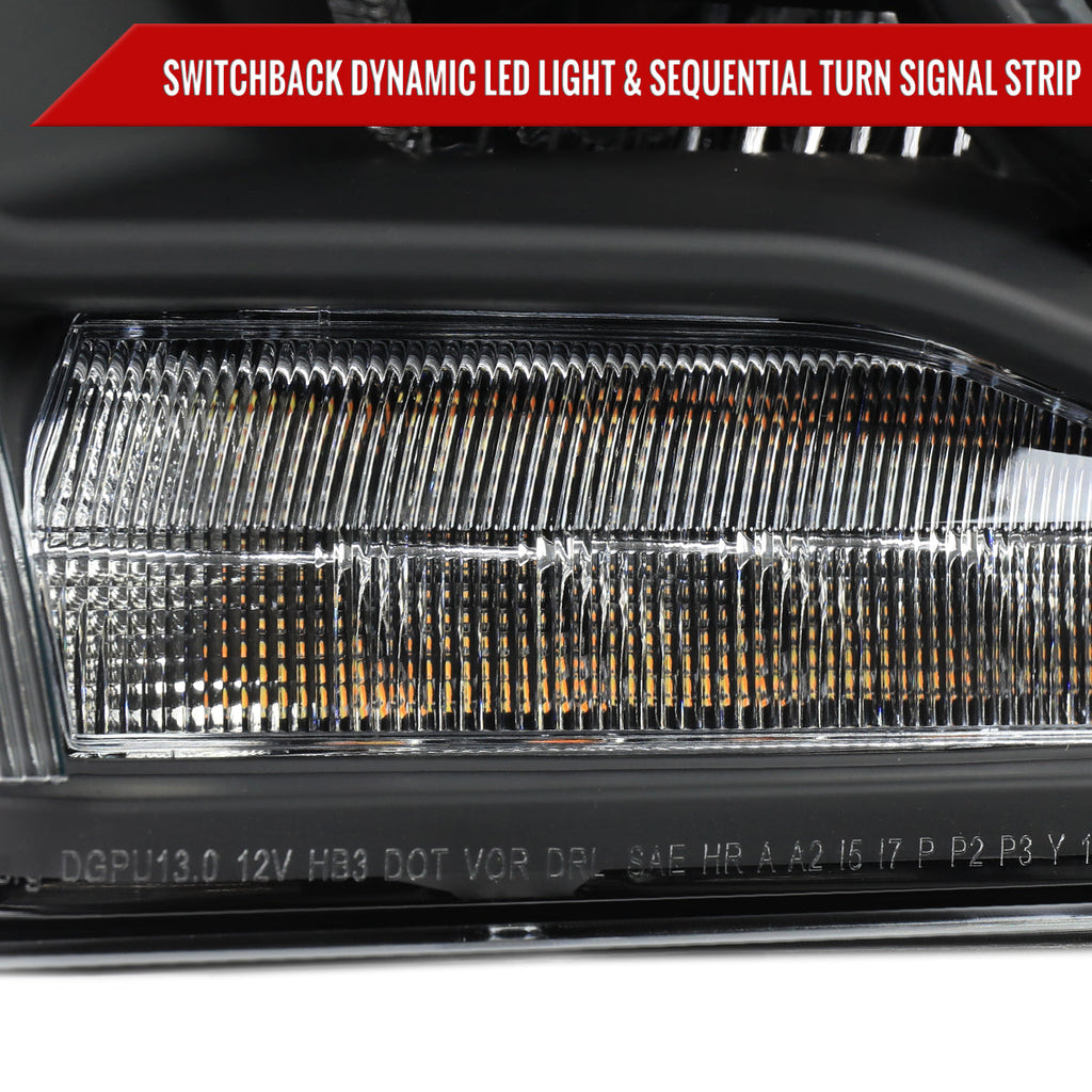 2013-2018 Ram 1500 2500 3500 Switchback Sequential LED Bar Signal Projector Headlights (Matte Black Housing / Clear Lens)