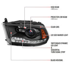 2013-2018 Ram 1500 2500 3500 Switchback Sequential LED Bar Signal Projector Headlights (Matte Black Housing / Clear Lens)