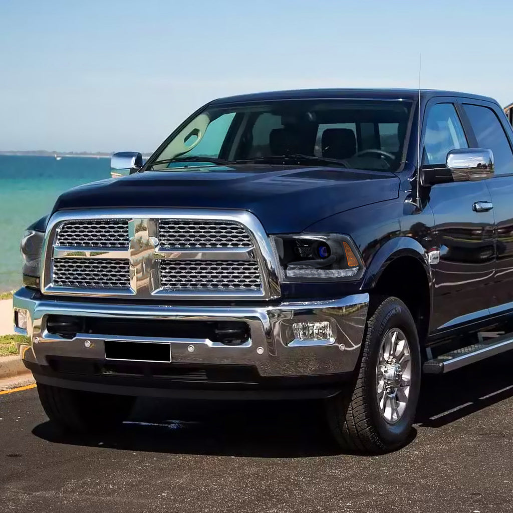 2013-2018 Ram 1500 2500 3500 Switchback Sequential LED Bar Signal Projector Headlights (Matte Black Housing / Clear Lens)