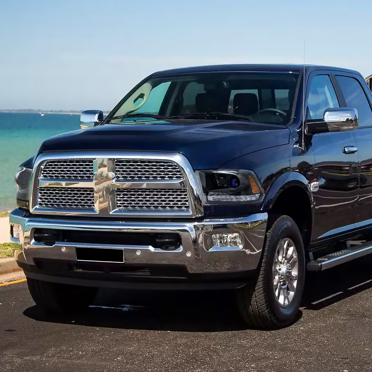 2013-2018 Ram 1500 2500 3500 Switchback Sequential LED Bar Signal Projector Headlights (Matte Black Housing / Clear Lens)