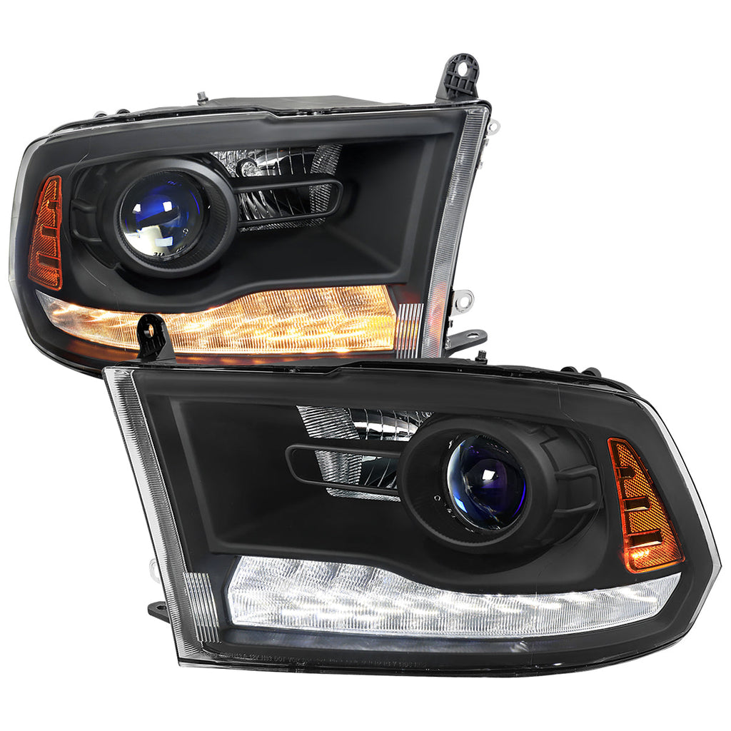 2013-2018 Ram 1500 2500 3500 Switchback Sequential LED Bar Signal Projector Headlights (Matte Black Housing / Clear Lens)