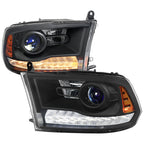 2013-2018 Ram 1500 2500 3500 Switchback Sequential LED Bar Signal Projector Headlights (Matte Black Housing / Clear Lens)
