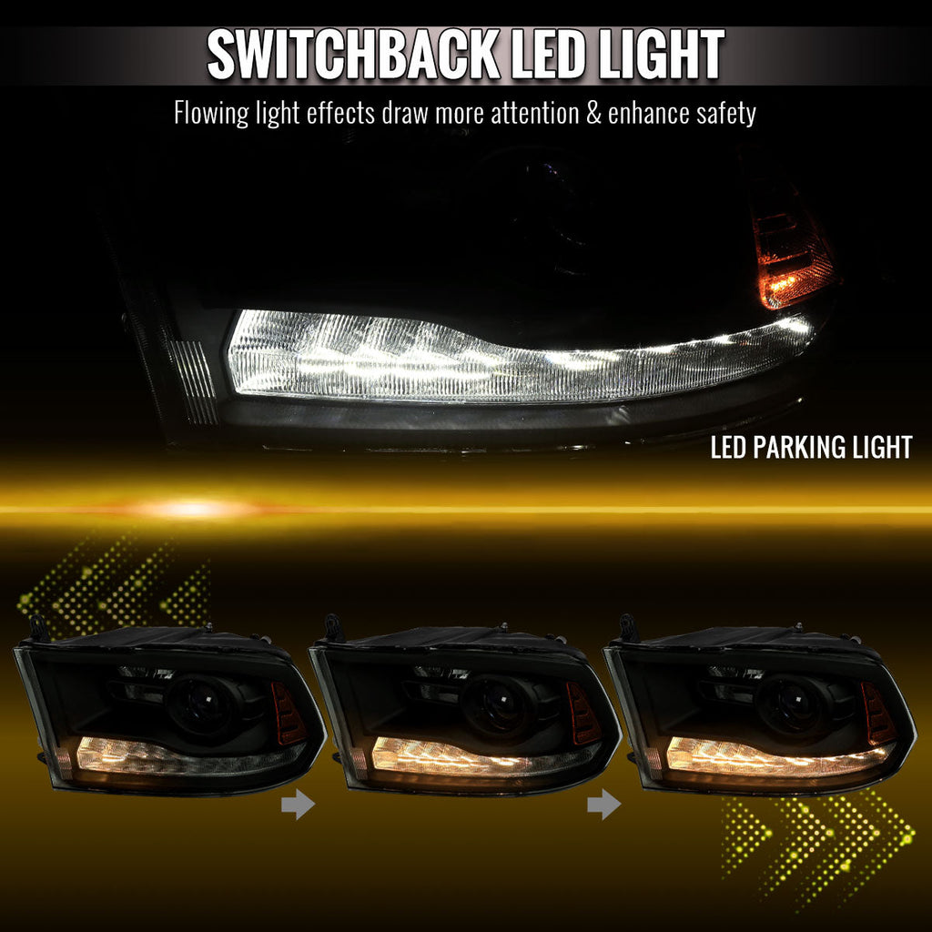 2013-2018 Ram 1500 2500 3500 Switchback Sequential LED Bar Signal Projector Headlights (Black Housing / Smoked Lens)