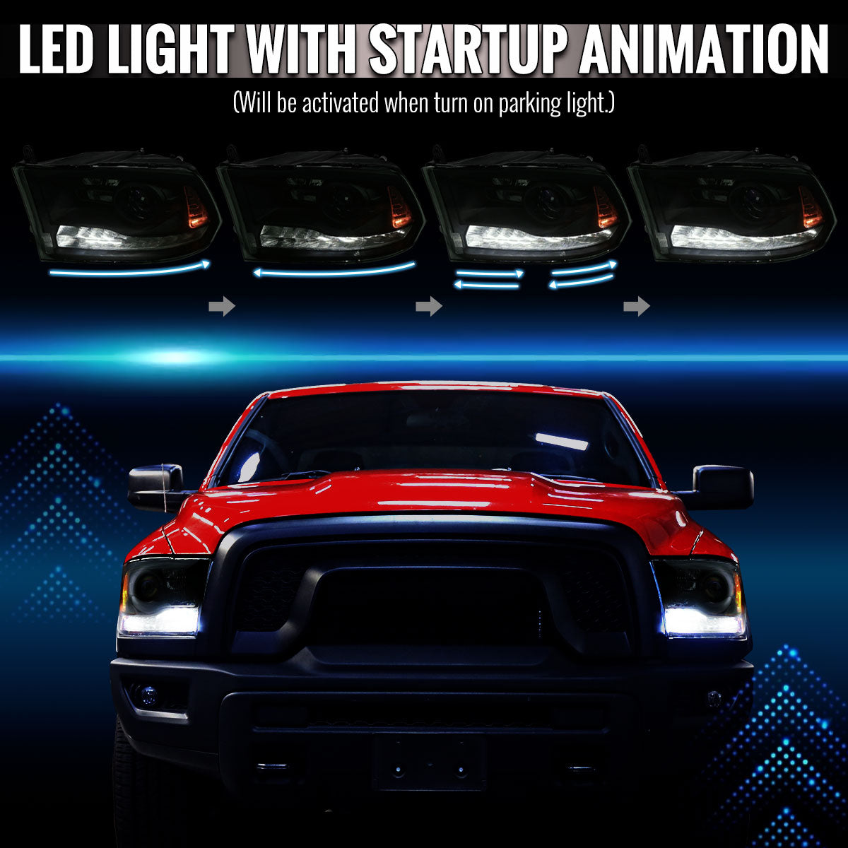 2013-2018 Ram 1500 2500 3500 Switchback Sequential LED Bar Signal Projector Headlights (Black Housing / Smoked Lens)