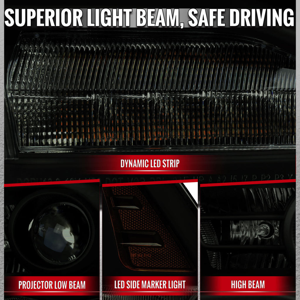 2013-2018 Ram 1500 2500 3500 Switchback Sequential LED Bar Signal Projector Headlights (Black Housing / Smoked Lens)