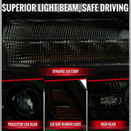 2013-2018 Ram 1500 2500 3500 Switchback Sequential LED Bar Signal Projector Headlights (Black Housing / Smoked Lens)