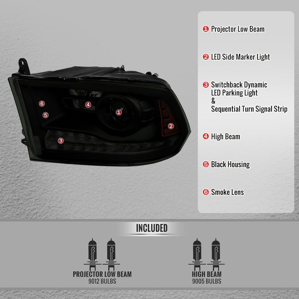 2013-2018 Ram 1500 2500 3500 Switchback Sequential LED Bar Signal Projector Headlights (Black Housing / Smoked Lens)