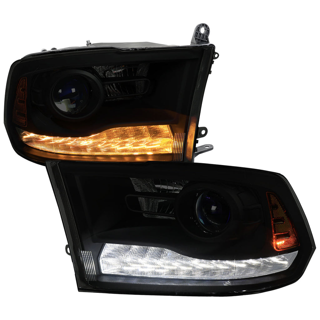 2013-2018 Ram 1500 2500 3500 Switchback Sequential LED Bar Signal Projector Headlights (Black Housing / Smoked Lens)