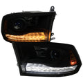 2013-2018 Ram 1500 2500 3500 Switchback Sequential LED Bar Signal Projector Headlights (Black Housing / Smoked Lens)