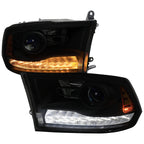 2013-2018 Ram 1500 2500 3500 Switchback Sequential LED Bar Signal Projector Headlights (Black Housing / Smoked Lens)