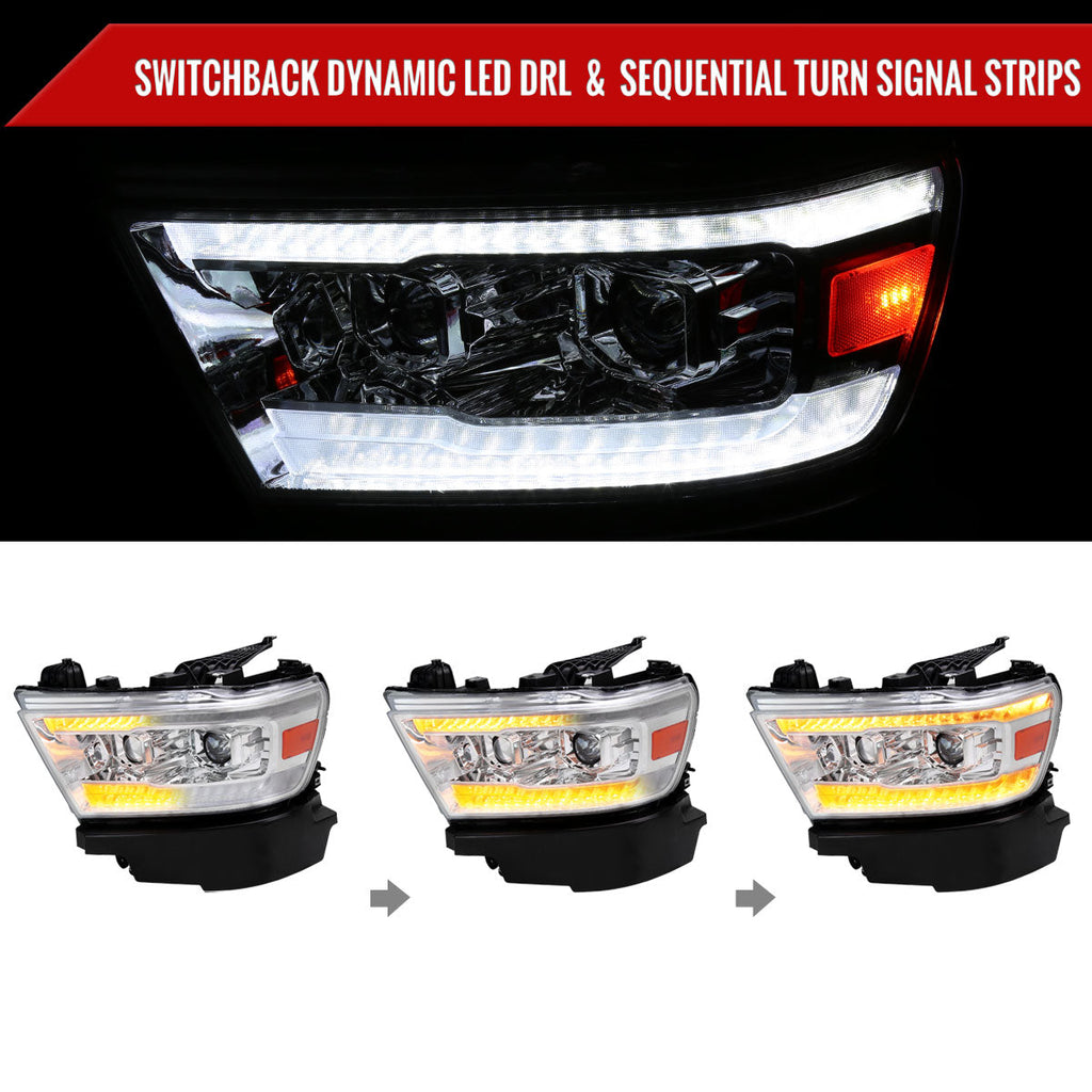 2019-2024 Dodge RAM 1500 Switchback Sequential LED Turn Signal Projector Headlights (Chrome Housing/Clear Lens)