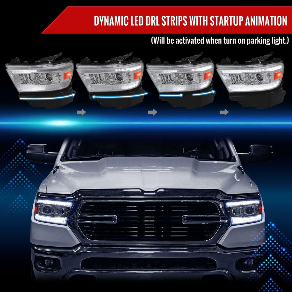 2019-2024 Dodge RAM 1500 Switchback Sequential LED Turn Signal Projector Headlights (Chrome Housing/Clear Lens)