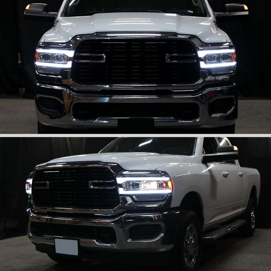 2019-2024 Dodge RAM 2500/3500/4500/5500 Switchback Sequential LED Turn Signal Projector Headlights (Chrome Housing/Clear Lens)