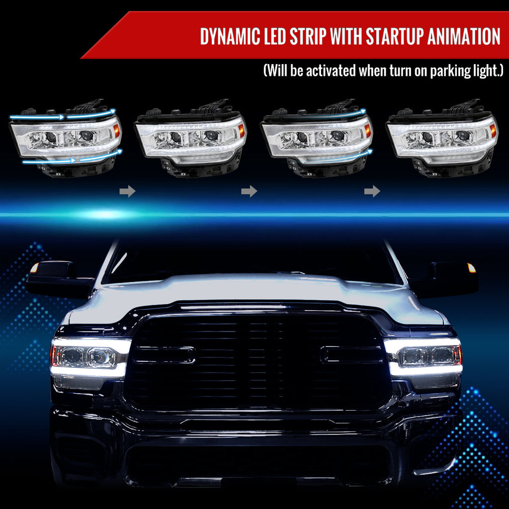 2019-2024 Dodge RAM 2500/3500/4500/5500 Switchback Sequential LED Turn Signal Projector Headlights (Chrome Housing/Clear Lens)