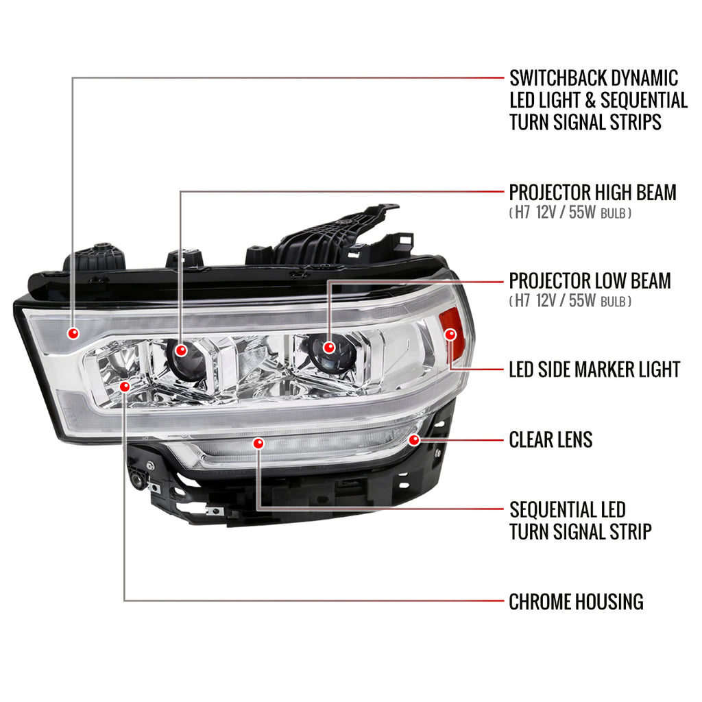 2019-2024 Dodge RAM 2500/3500/4500/5500 Switchback Sequential LED Turn Signal Projector Headlights (Chrome Housing/Clear Lens)