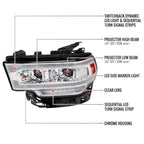 2019-2024 Dodge RAM 2500/3500/4500/5500 Switchback Sequential LED Turn Signal Projector Headlights (Chrome Housing/Clear Lens)