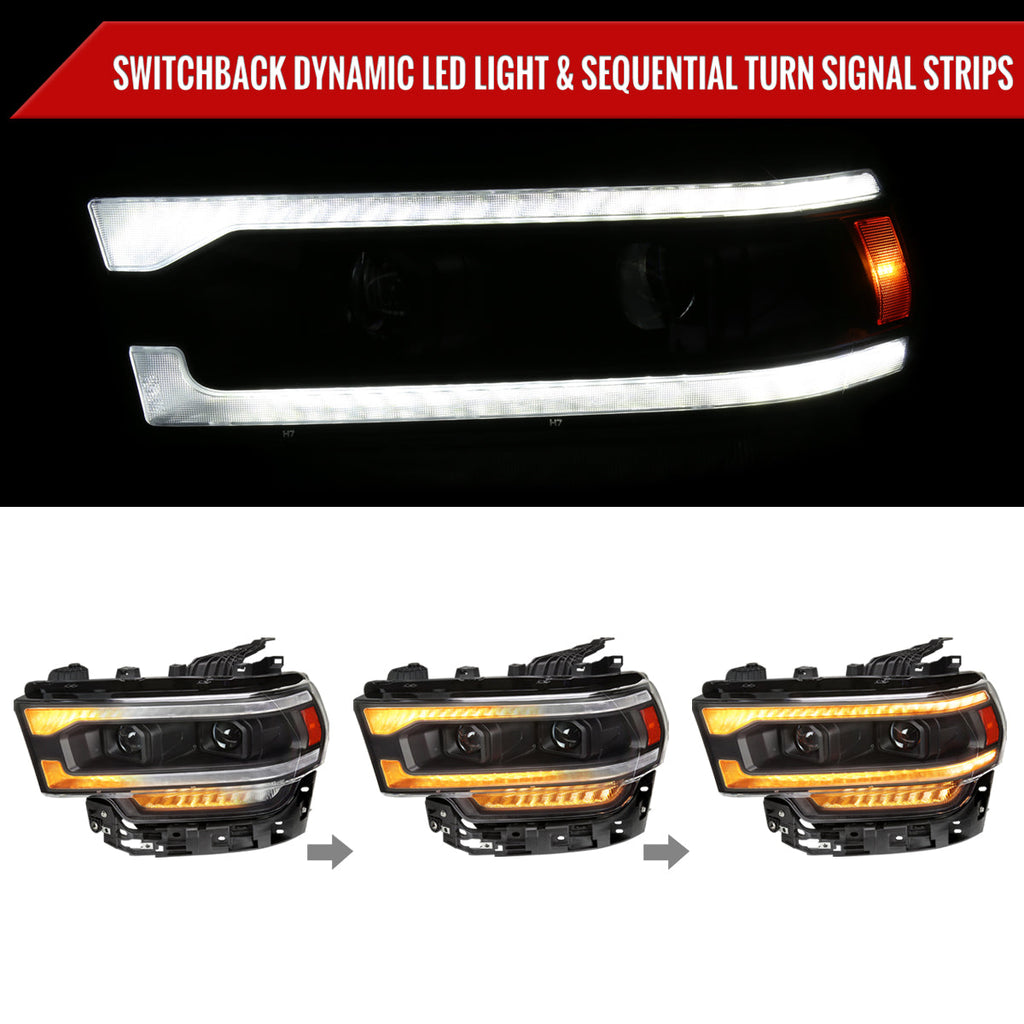 2019-2024 Dodge RAM 2500/3500/4500/5500 Switchback Sequential LED Turn Signal Projector Headlights (Matte Black Housing/Clear Lens)