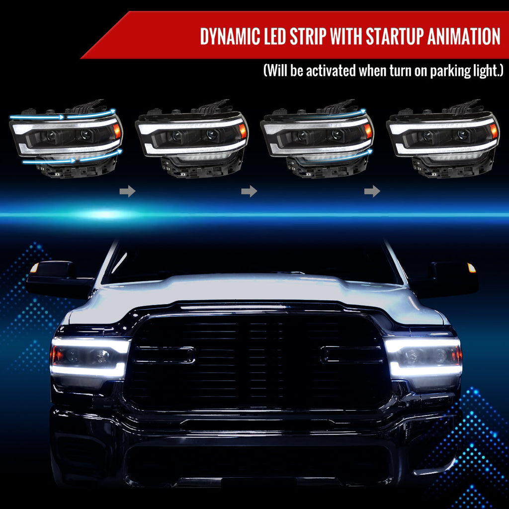 2019-2024 Dodge RAM 2500/3500/4500/5500 Switchback Sequential LED Turn Signal Projector Headlights (Matte Black Housing/Clear Lens)