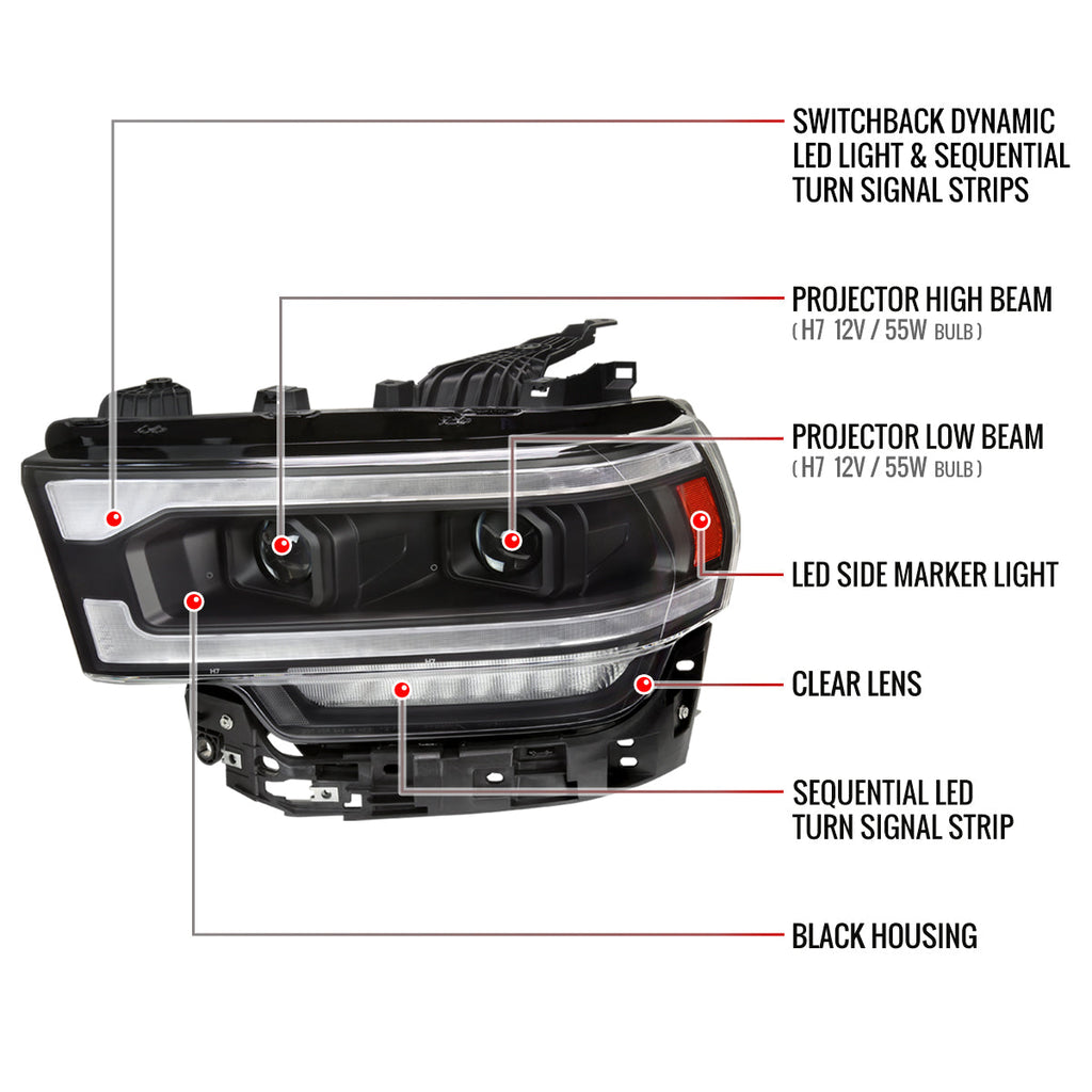 2019-2024 Dodge RAM 2500/3500/4500/5500 Switchback Sequential LED Turn Signal Projector Headlights (Matte Black Housing/Clear Lens)