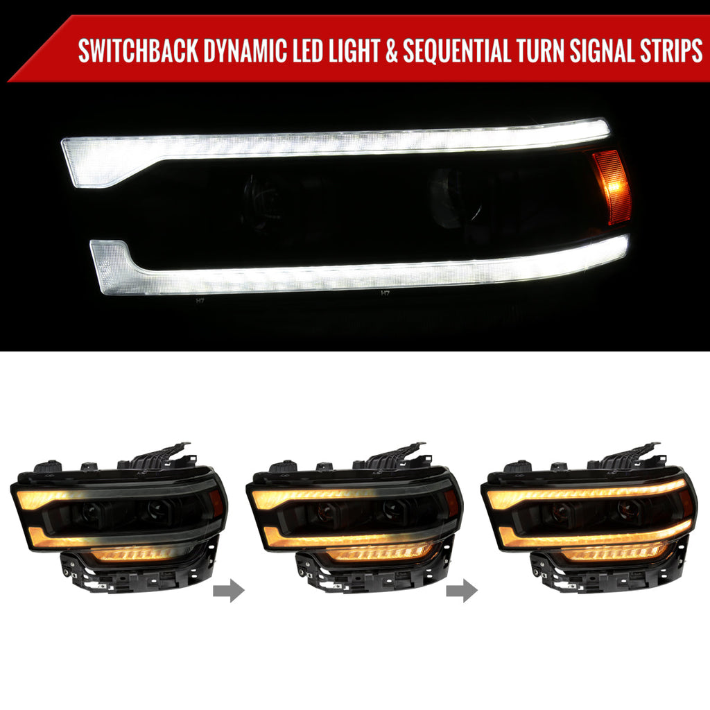 2019-2024 Dodge RAM 2500/3500/4500/5500 Switchback Sequential LED Turn Signal Projector Headlights (Jet Black Housing/Smoked Lens)