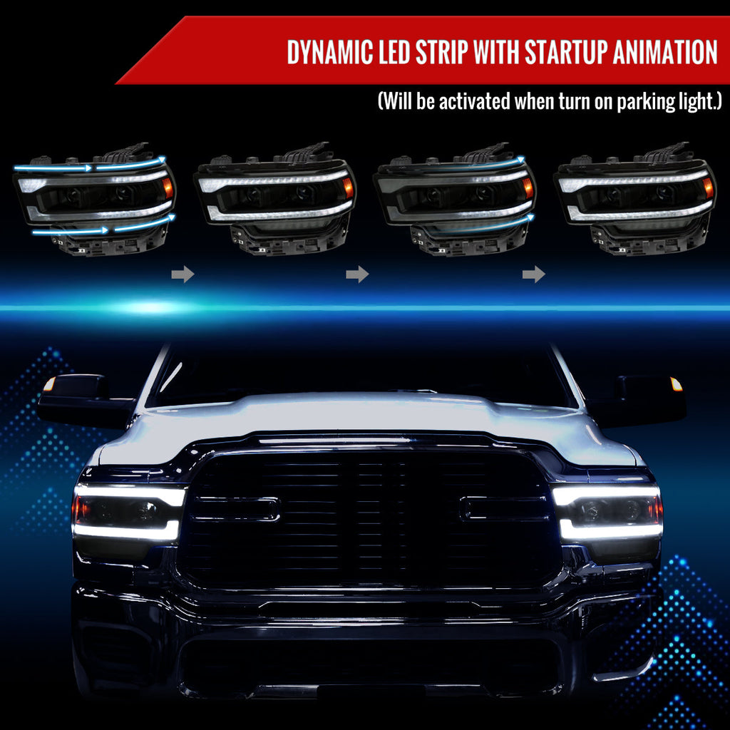 2019-2024 Dodge RAM 2500/3500/4500/5500 Switchback Sequential LED Turn Signal Projector Headlights (Jet Black Housing/Smoked Lens)