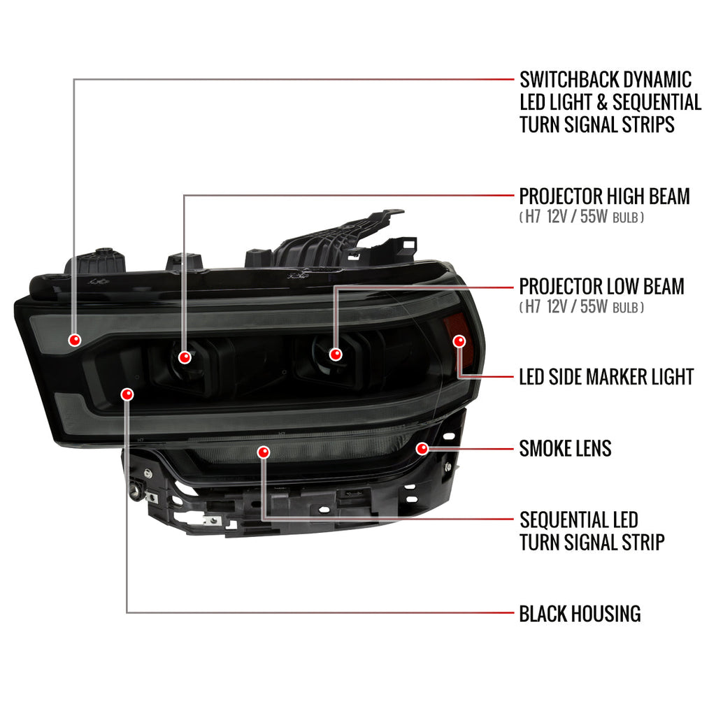 2019-2024 Dodge RAM 2500/3500/4500/5500 Switchback Sequential LED Turn Signal Projector Headlights (Jet Black Housing/Smoked Lens)
