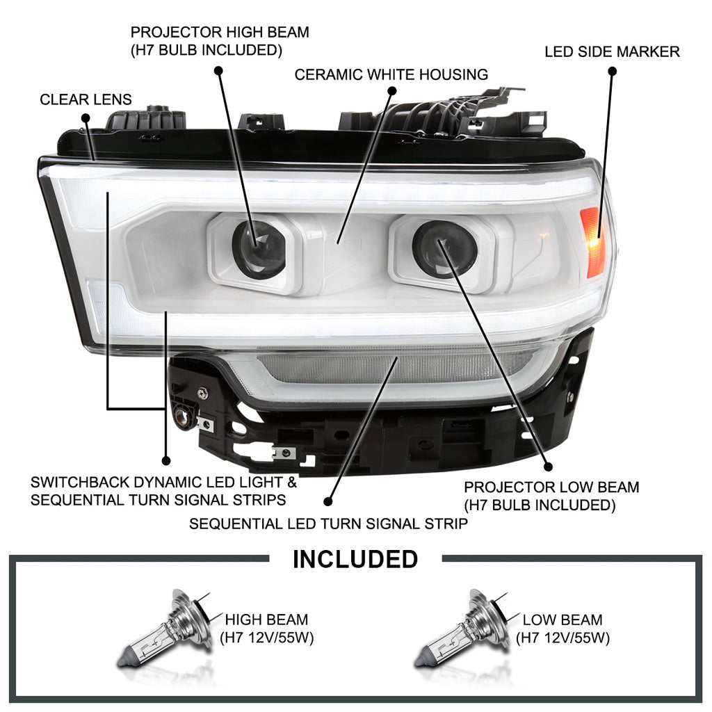 2019-2024 Dodge RAM 2500/3500/4500/5500 Switchback Sequential LED Turn Signal Projector Headlights (White Housing/Clear Lens)