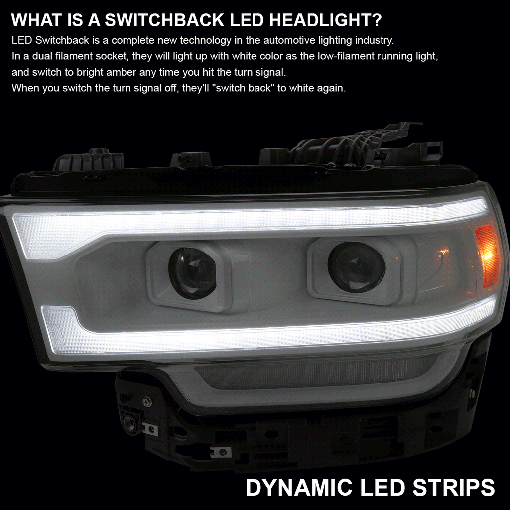 2019-2024 Dodge RAM 2500/3500/4500/5500 Switchback Sequential LED Turn Signal Projector Headlights (White Housing/Clear Lens)