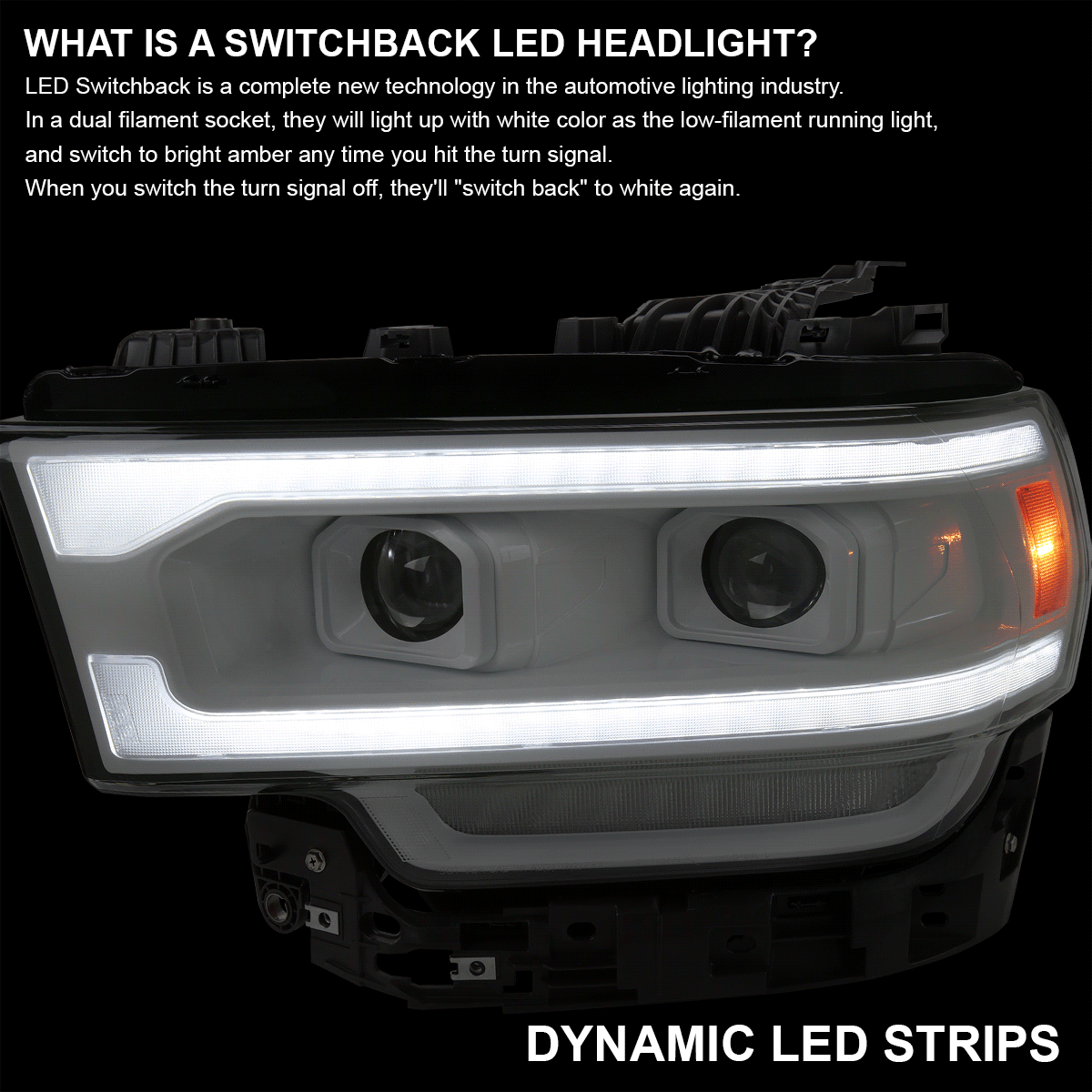 2019-2024 Dodge RAM 2500/3500/4500/5500 Switchback Sequential LED Turn Signal Projector Headlights (White Housing/Clear Lens)