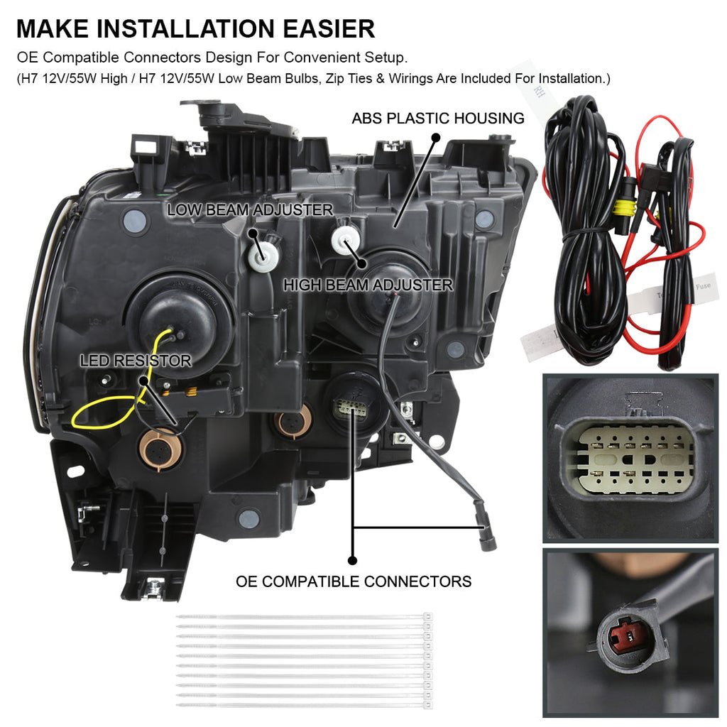 2019-2024 Dodge RAM 2500/3500/4500/5500 Switchback Sequential LED Turn Signal Projector Headlights (White Housing/Clear Lens)