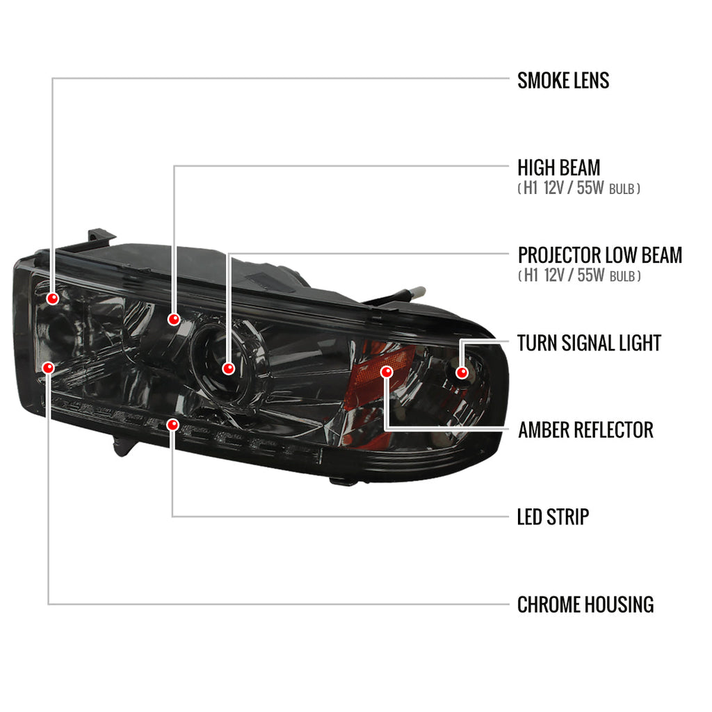 1994-2001 Dodge RAM 1500 2500 3500 Projector Headlights w/ SMD LED Light Strip (Chrome Housing/Smoked Lens)