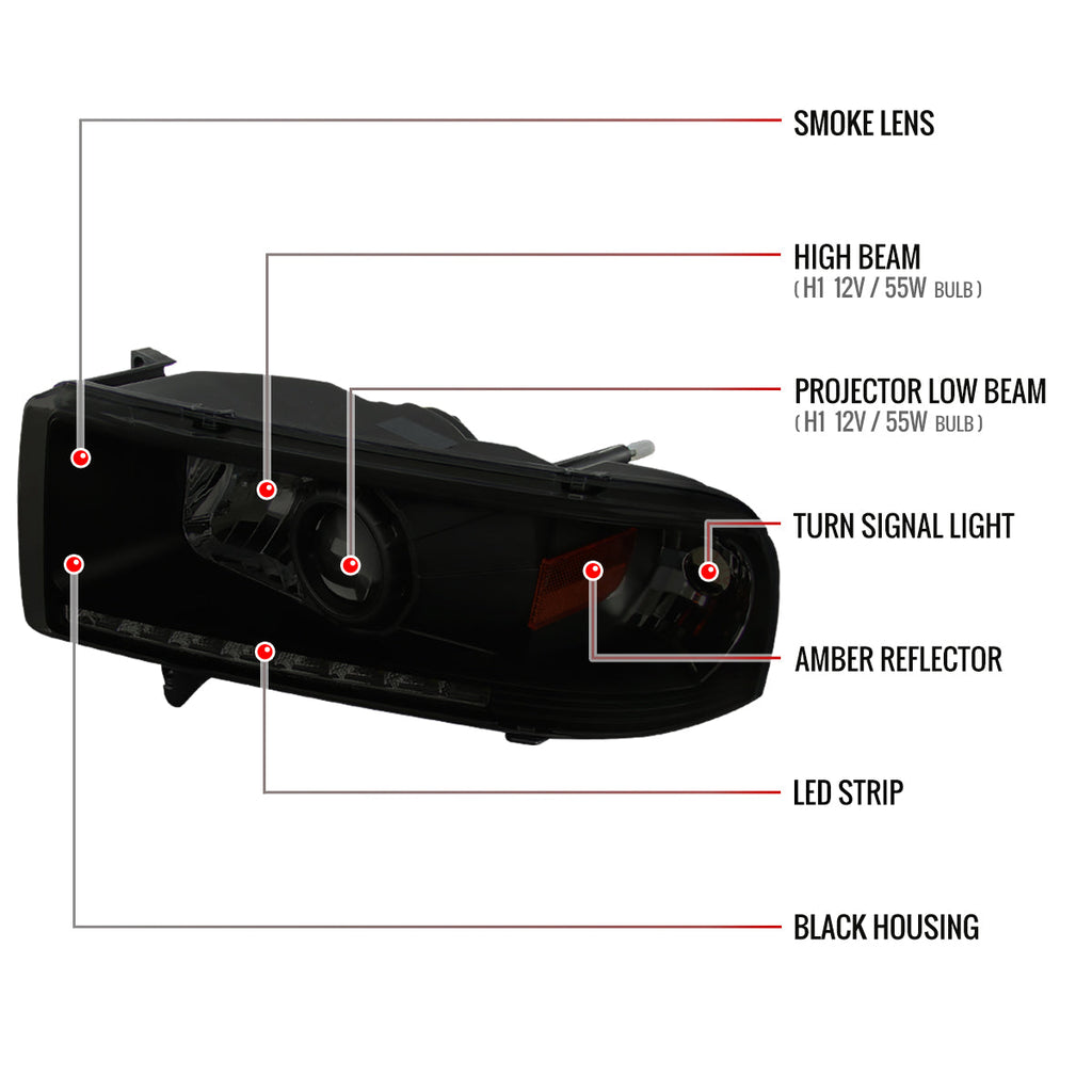 1994-2001 Dodge RAM 1500/ 1994-2002 RAM 2500 3500 Projector Headlights w/ SMD LED Light Strip (Black Housing/Smoked Lens)