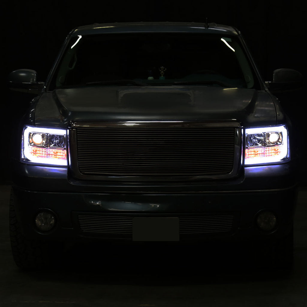 2007-2013 GMC Sierra 1500 / 2007-2014 Sierra 1500HD 2500HD 3500HD / 2009-2013 Sierra 1500 Hybrid LED C-Bar Projector Headlights (Chrome Housing/Clear Lens)