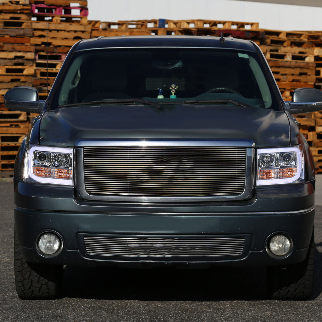 2007-2013 GMC Sierra 1500 / 2007-2014 Sierra 1500HD 2500HD 3500HD / 2009-2013 Sierra 1500 Hybrid LED C-Bar Projector Headlights (Chrome Housing/Clear Lens)
