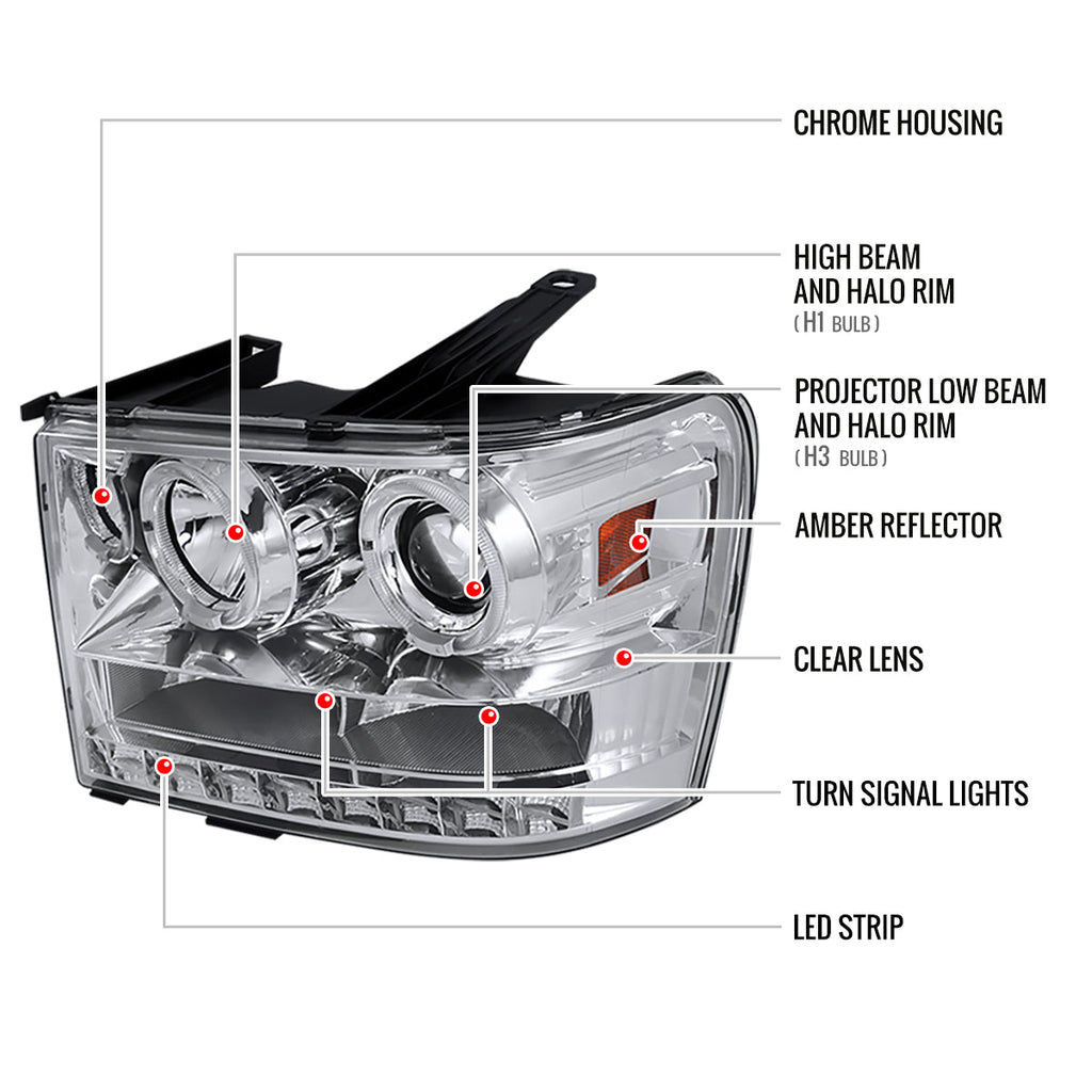 2007-2014 GMC Sierra Dual Halo Projector Headlights (Chrome Housing/Clear Lens)