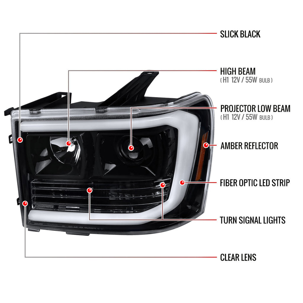 2007-2013 GMC Sierra 1500 / 2007-2014 Sierra 1500HD 2500HD 3500HD / 2009-2013 Sierra 1500 Hybrid LED C-Bar Projector Headlights (Jet Black Housing/Clear Lens)