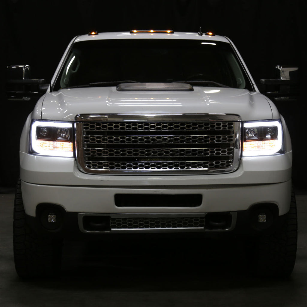 2007-2013 GMC Sierra 1500 / 2007-2014 Sierra 1500HD 2500HD 3500HD / 2009-2013 Sierra 1500 Hybrid LED C-Bar Projector Headlights (Matte Black Housing/Clear Lens)