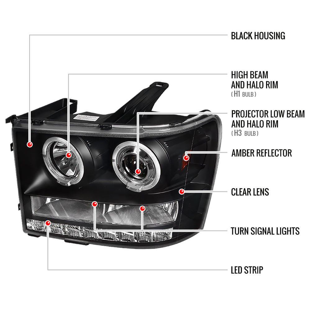 2007-2014 GMC Sierra SMD Dual Halo Projector Headlights (Matte Black Housing/Clear Lens)