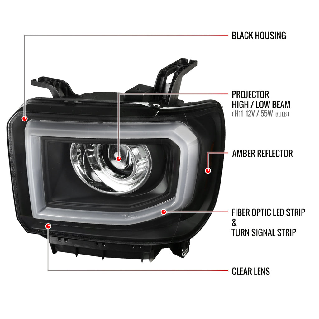 2014-2019 GMC Sierra 1500/2500HD/3500HD LED Bar Projector Headlights w/ LED Turn Signal Lights (Chrome Housing/Clear Lens)