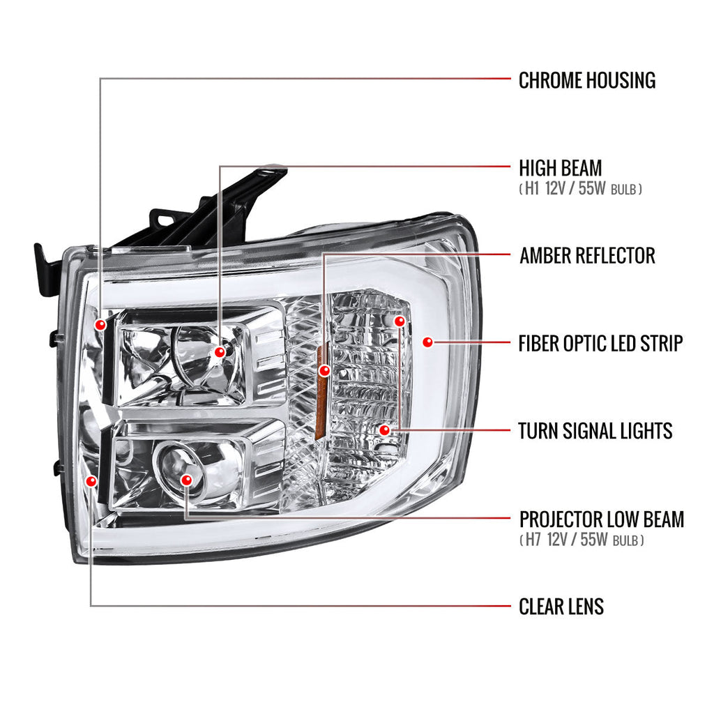 2007-2013 Chevrolet Silverado 1500/ 2007-2014 Silverado 2500HD 3500HD LED C-Bar Projector Headlights (Chrome Housing/Clear Lens)