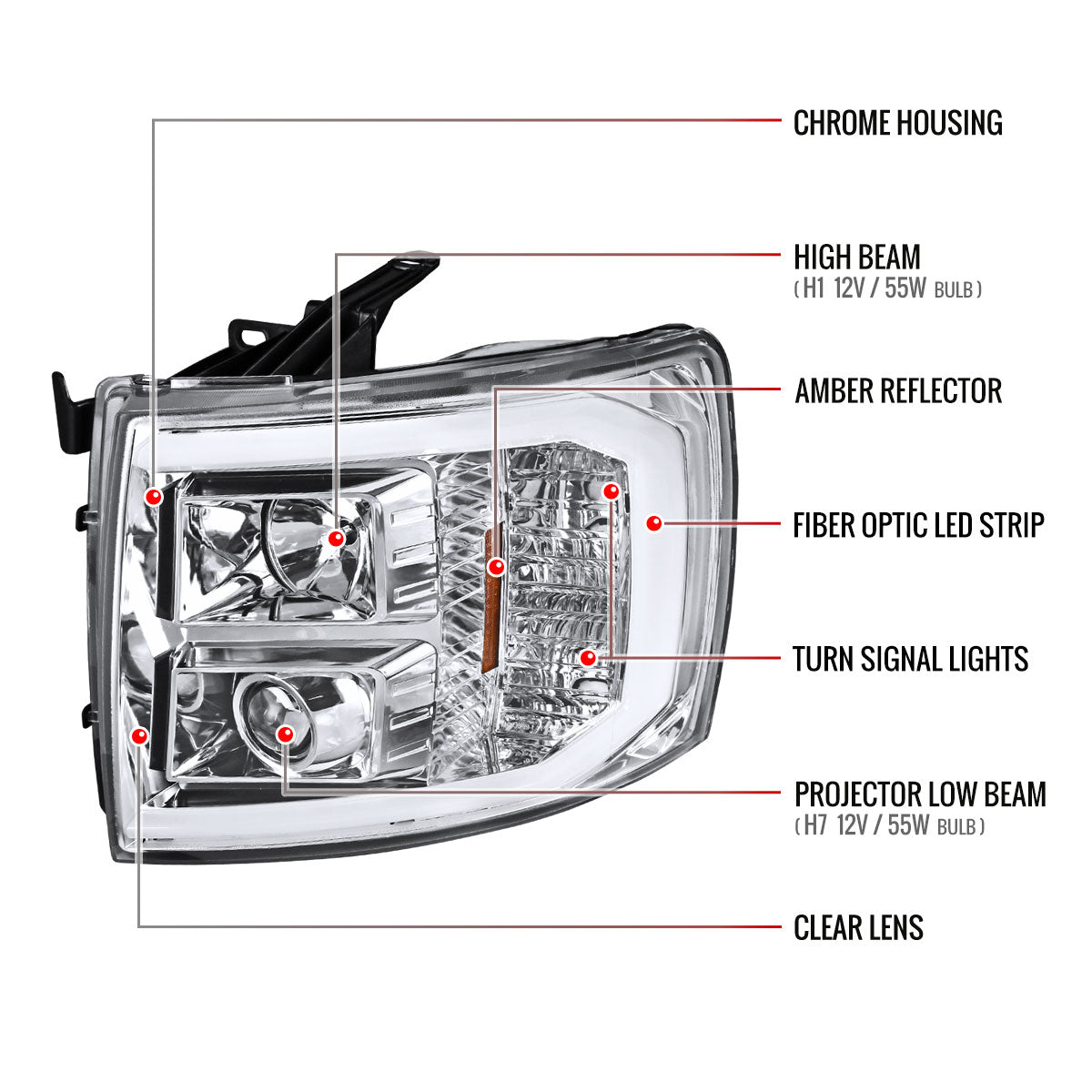 2007-2013 Chevrolet Silverado 1500/ 2007-2014 Silverado 2500HD 3500HD LED C-Bar Projector Headlights (Chrome Housing/Clear Lens)