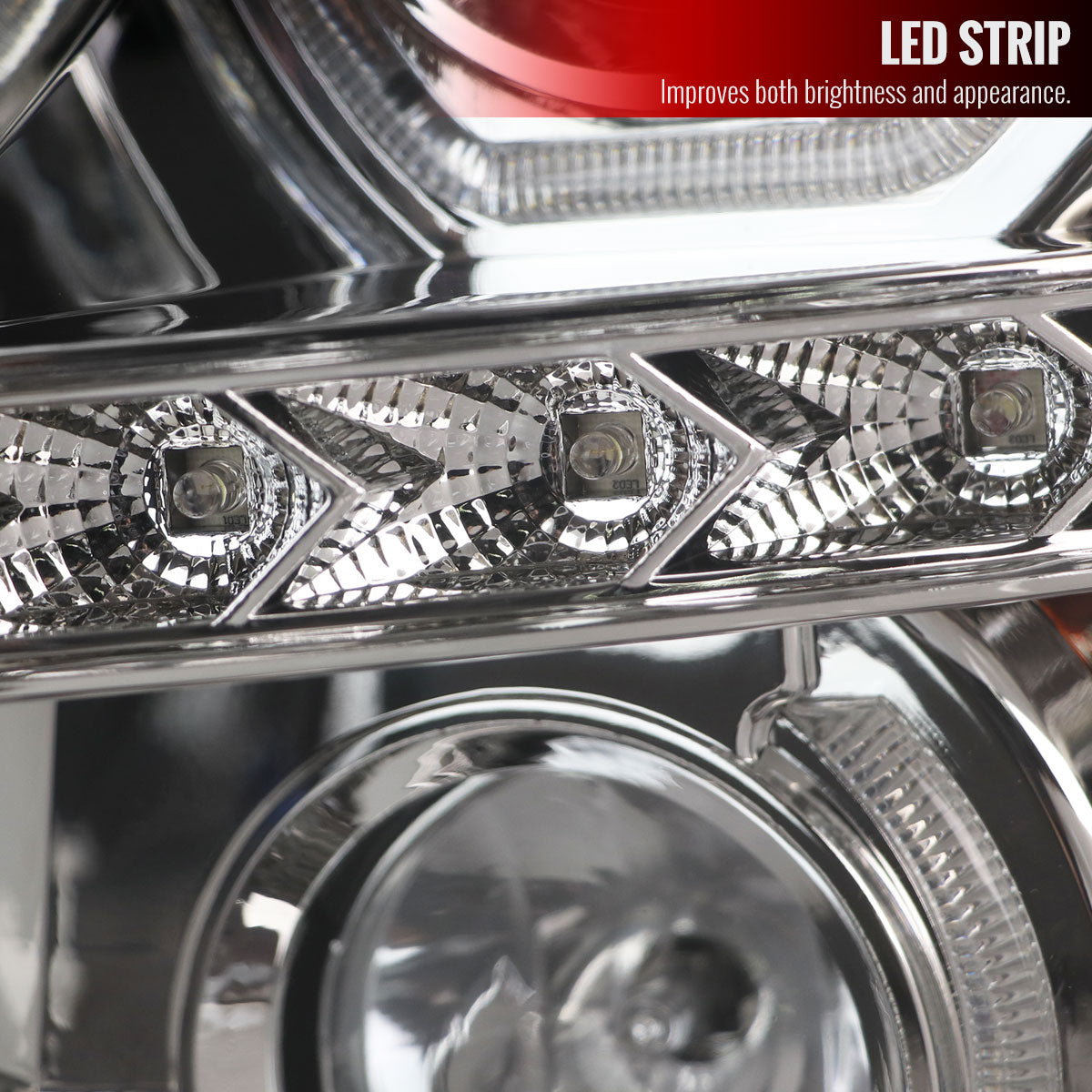 2007-2013 Chevrolet Silverado 1500/ 2007-2014 Silverado 2500HD 3500HD Dual U-Ring Halo Projector Headlights w/ LED Light Strip (Chrome Housing/Clear Lens)