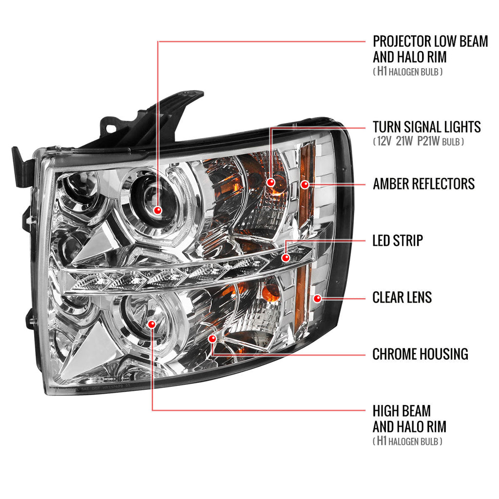 2007-2013 Chevrolet Silverado 1500/ 2007-2014 Silverado 2500HD 3500HD Dual U-Ring Halo Projector Headlights w/ LED Light Strip (Chrome Housing/Clear Lens)